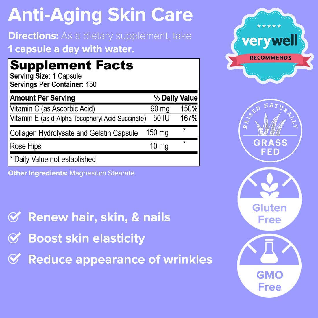 Sanar Naturals Premium Collagen Pills with Vitamin C & E, 150 Capsules, Supports Hair Growth, Skin, Nails, & Joints, Anti Aging