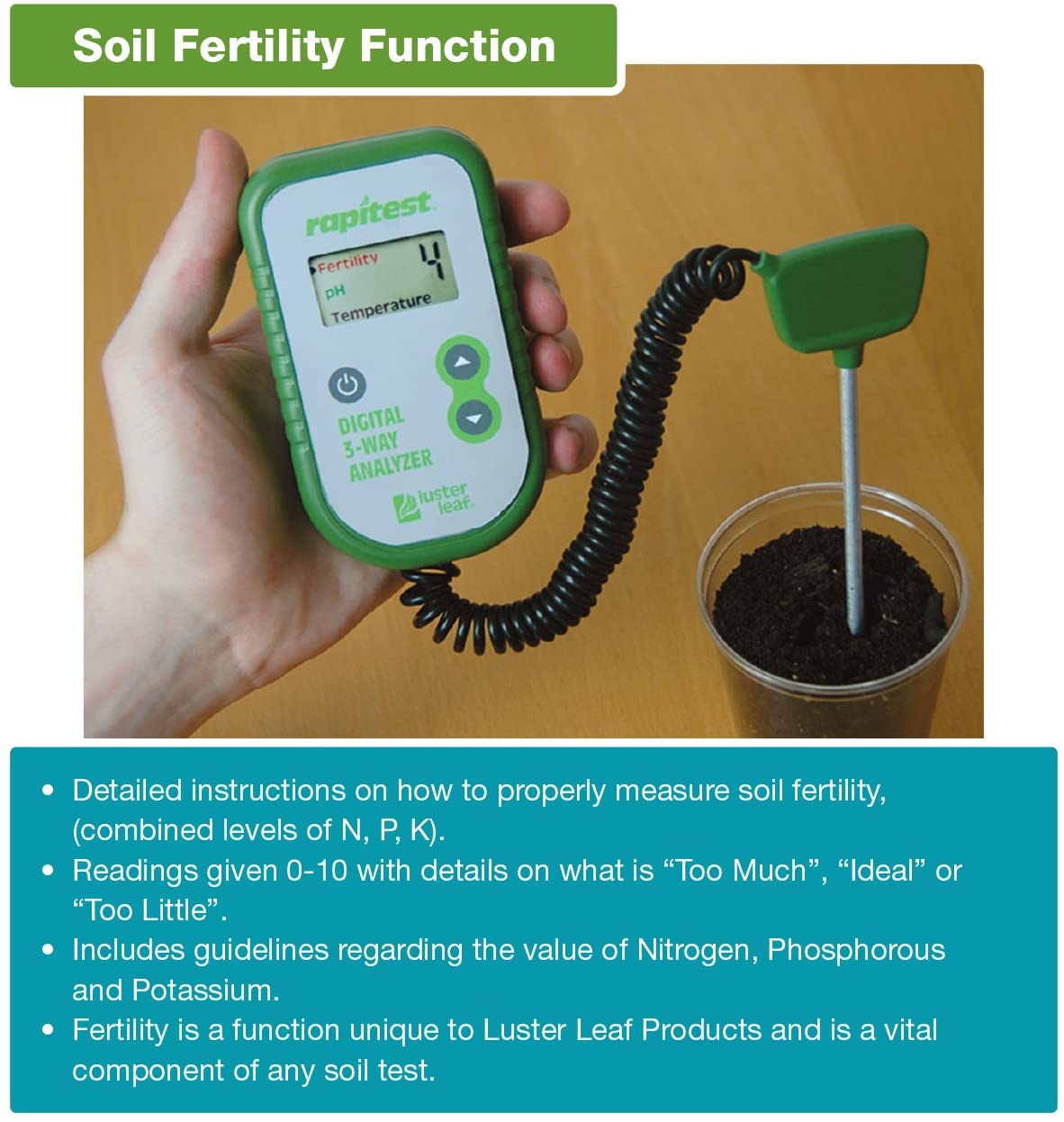 Luster Leaf 1835 Rapitest Dig 3W Analysis, 3-Way Digital Soil Analyzer