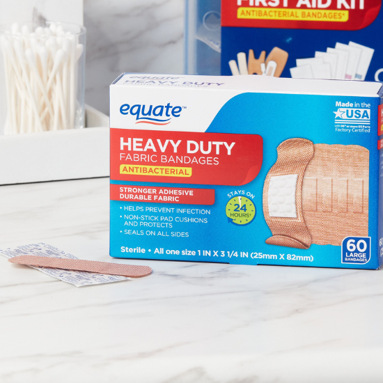 Equate Heavy Duty Bandages Antibacterial Strong Adhesive Durable Fabric 60 Bandages 1"x3 1/4"