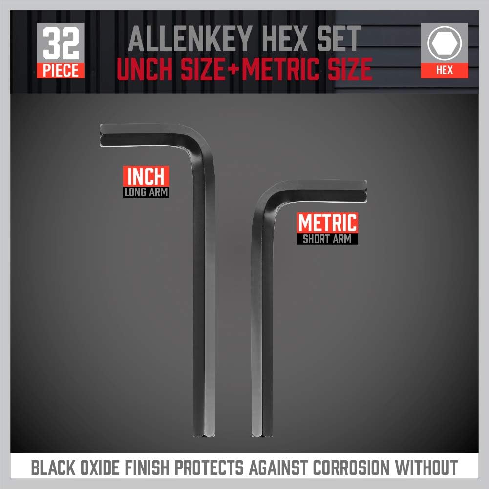 SEDY 32 Pieces Hex Key Wrench Set, Metric And SAE Chrome Vanadium Steel With 2 Piece Of Extension Handle