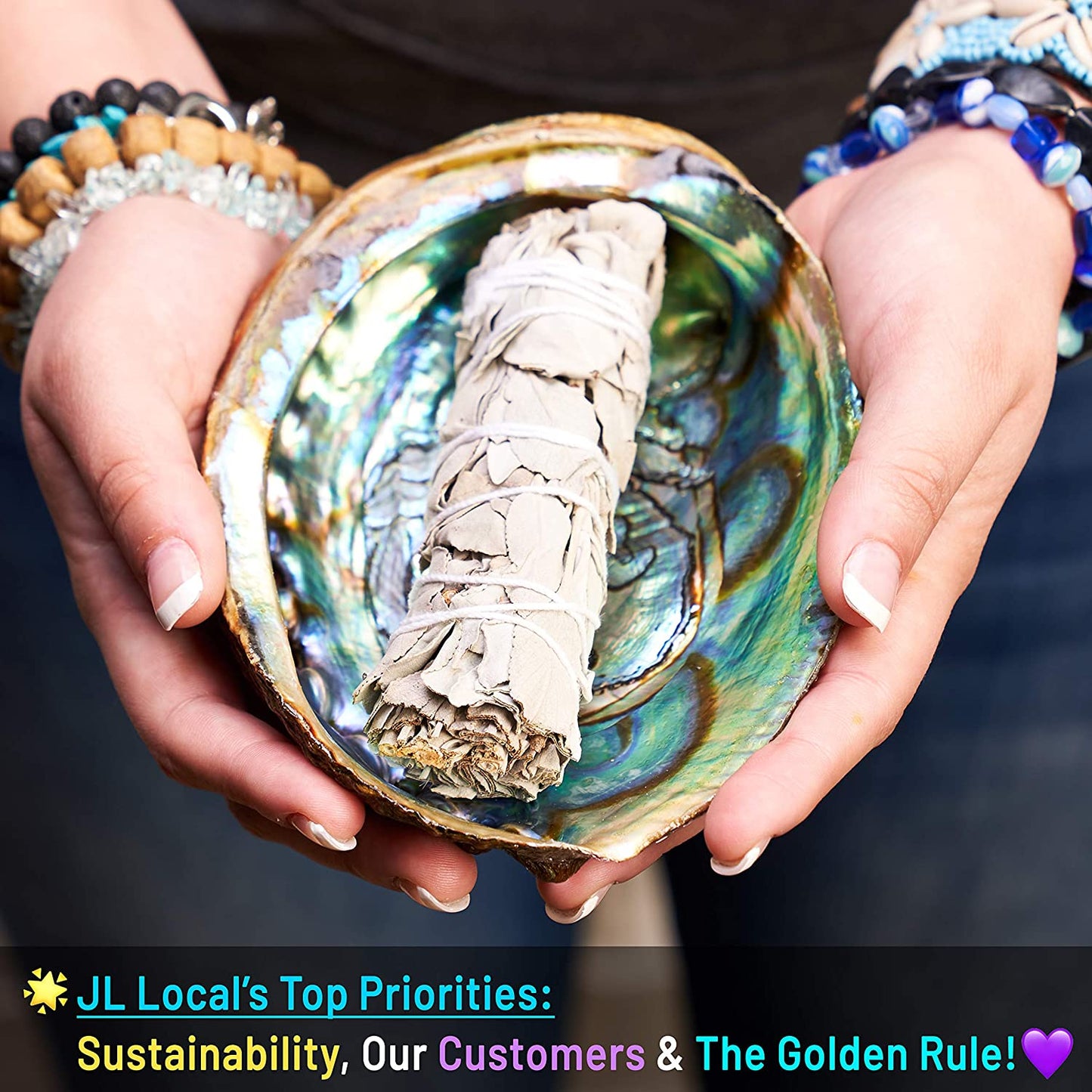 JL Local 2 White Sage Smudge Stick Smudging Kit Abalone Shell & Stand, Turquoise Bracelet, Instructions & Blessings, Smudge Kit White Sage Incense Sticks for Cleansing