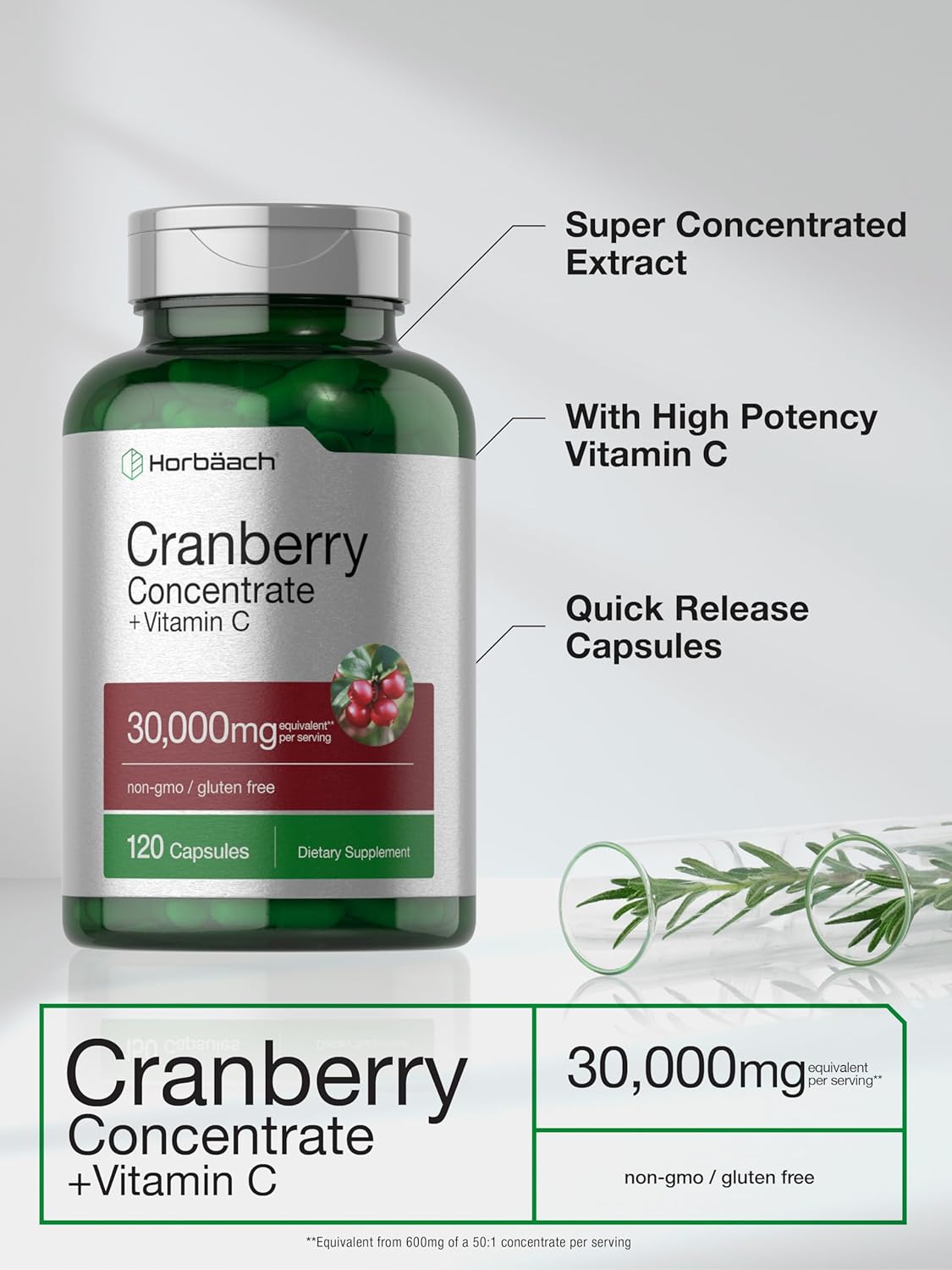 Horbaach Cranberry Concentrate + Vitamin C 30,000mg Supplement 120 Capsules
