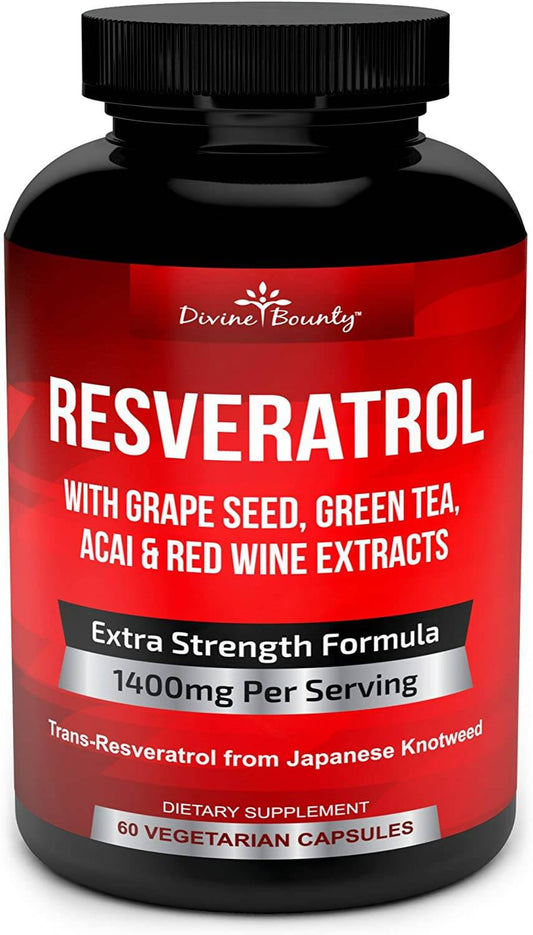 Divine Bounty Resveratrol Supplement 1400mg with Grape Green Tea Acai with Red Wine Extract, 60 Vegetarian Capsules