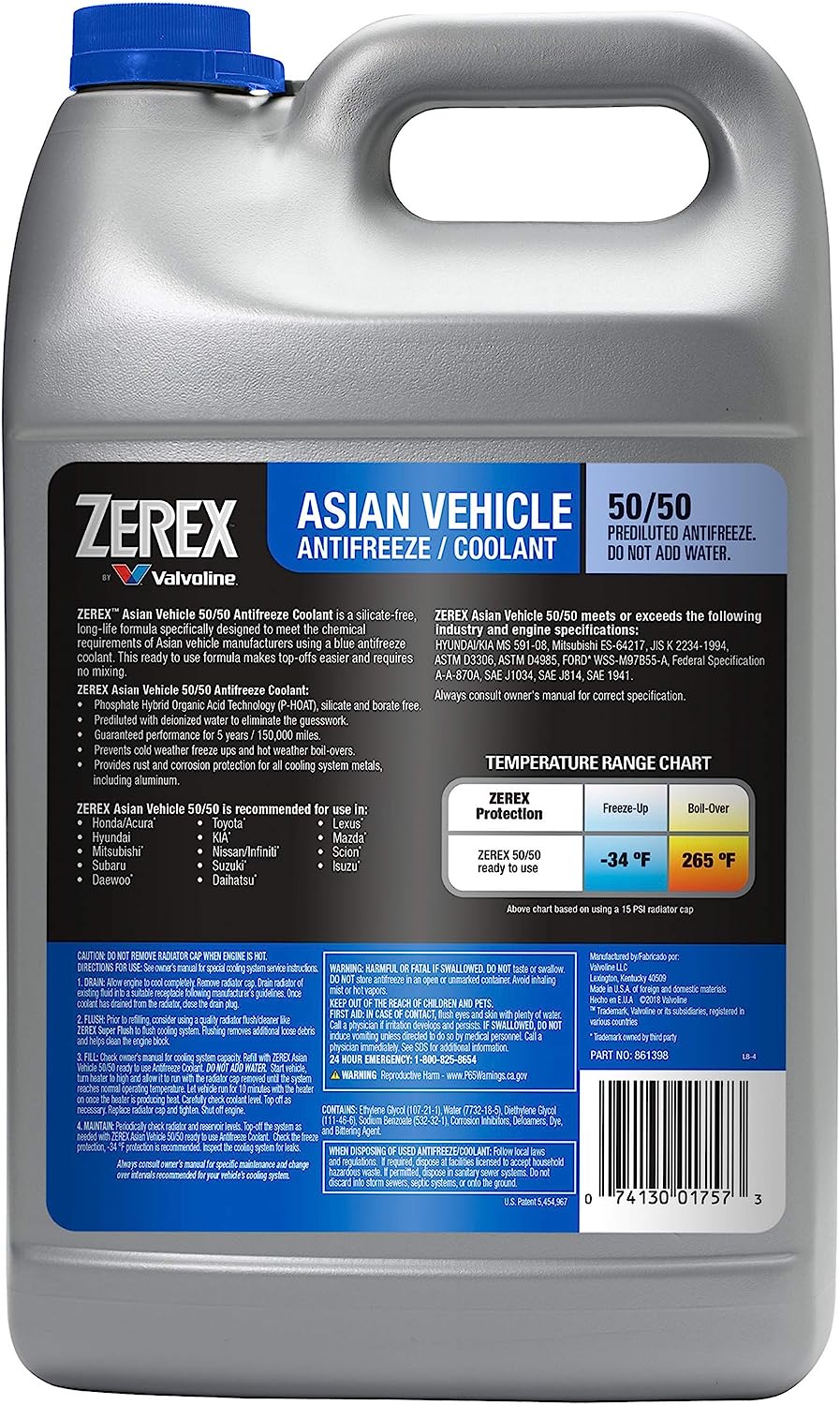 Zerex Asian Vehicle Silicate & Borate Free Formula Antifreeze Coolant 50/50 Prediculated Antifreeze - 3.78L