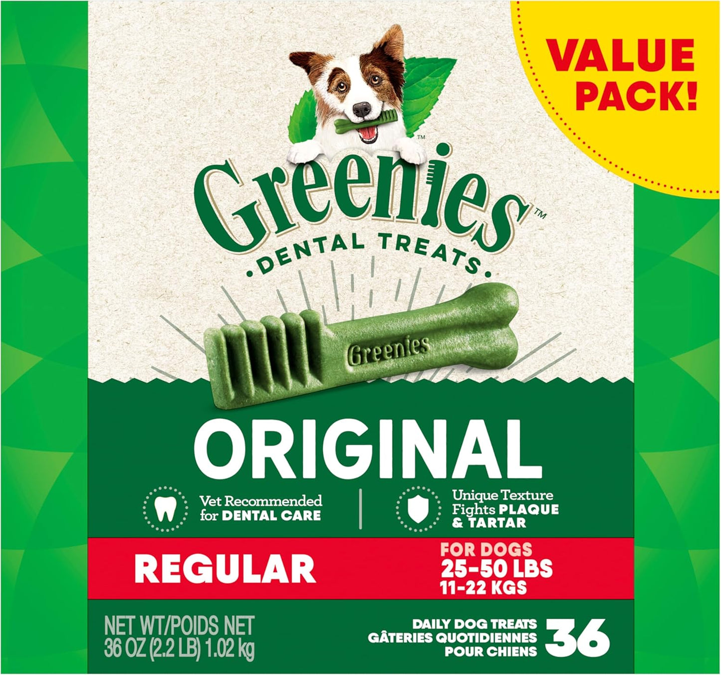 Greenies Dental Treats Original Regular Dog Treats (25-50 LB Dogs), 1.02 kg / 2.2 lb
