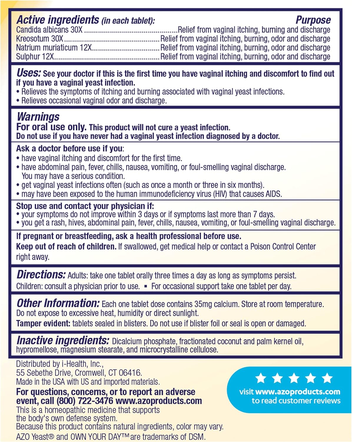 AZO Yeast Plus Dual Relief Yeast & Femine Women Area Symptom Relief 60 Tablets