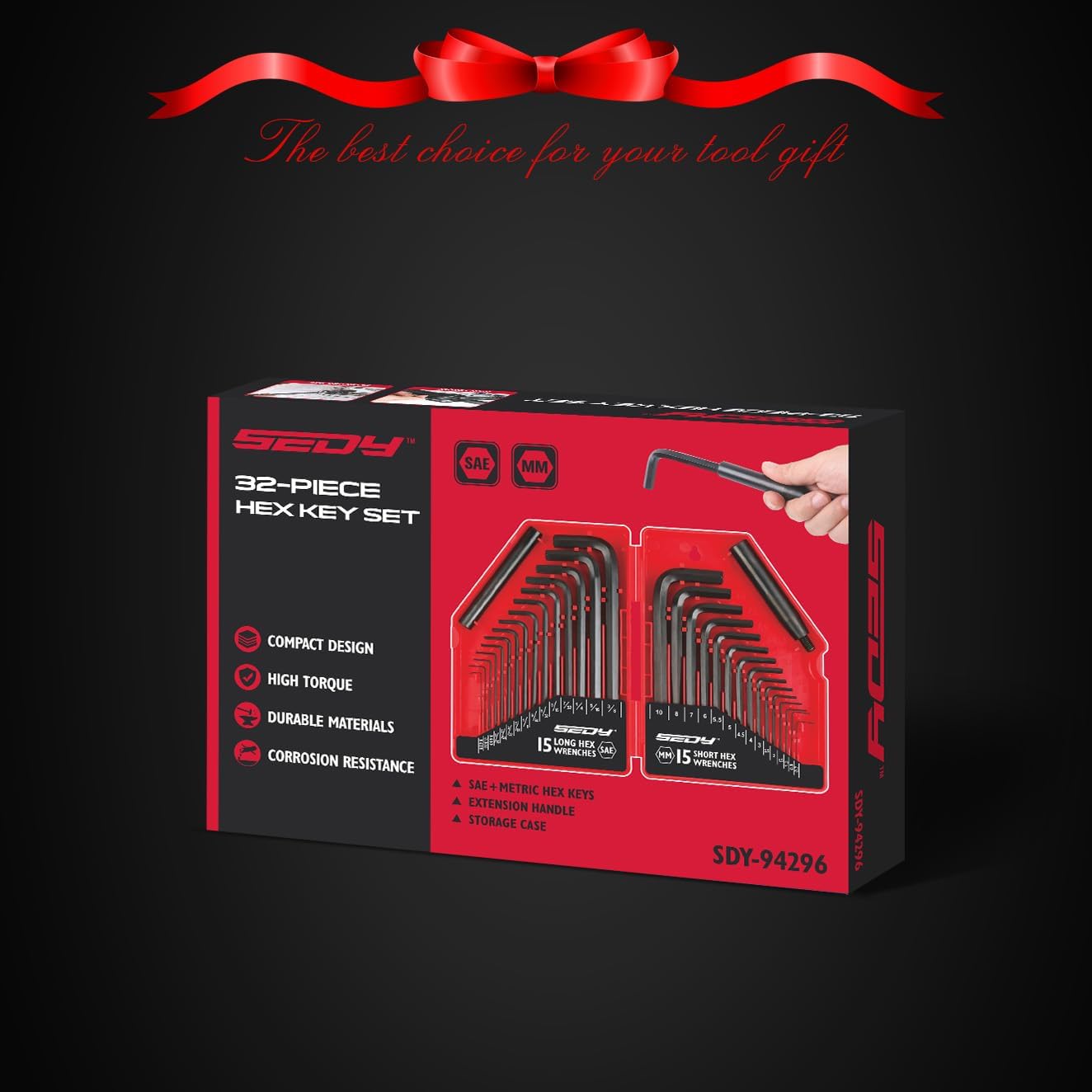 SEDY 32 Pieces Hex Key Wrench Set, Metric And SAE Chrome Vanadium Steel With 2 Piece Of Extension Handle