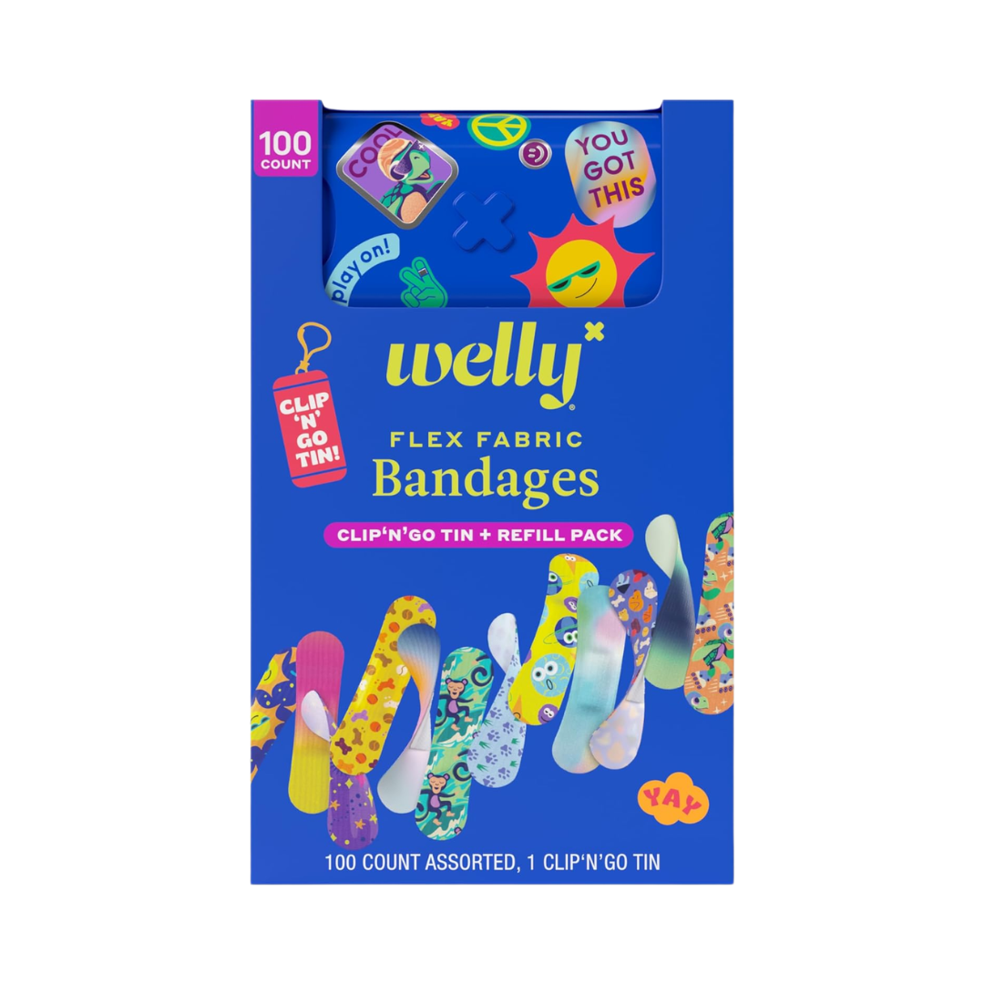 Welly Flex Fabric Bandages, 1 Clip 'n' Go Tin + 100 Count Assorted Refill Pack