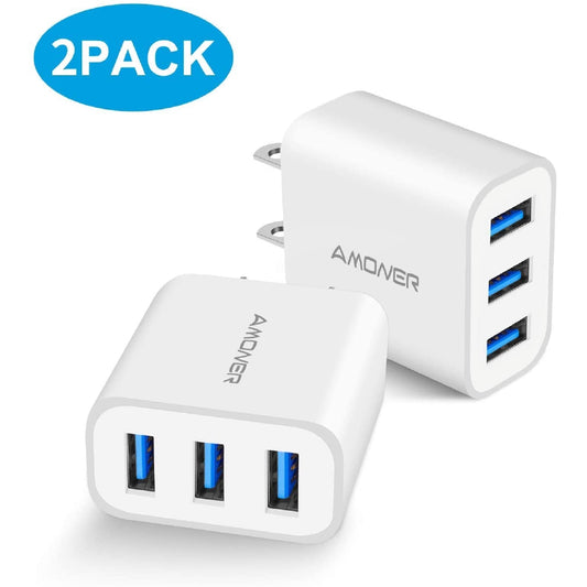 2-Pack -  Amoner Wall Charger Upgraded 15W 3-Port USB Plug Cube Portable for Smart Devices