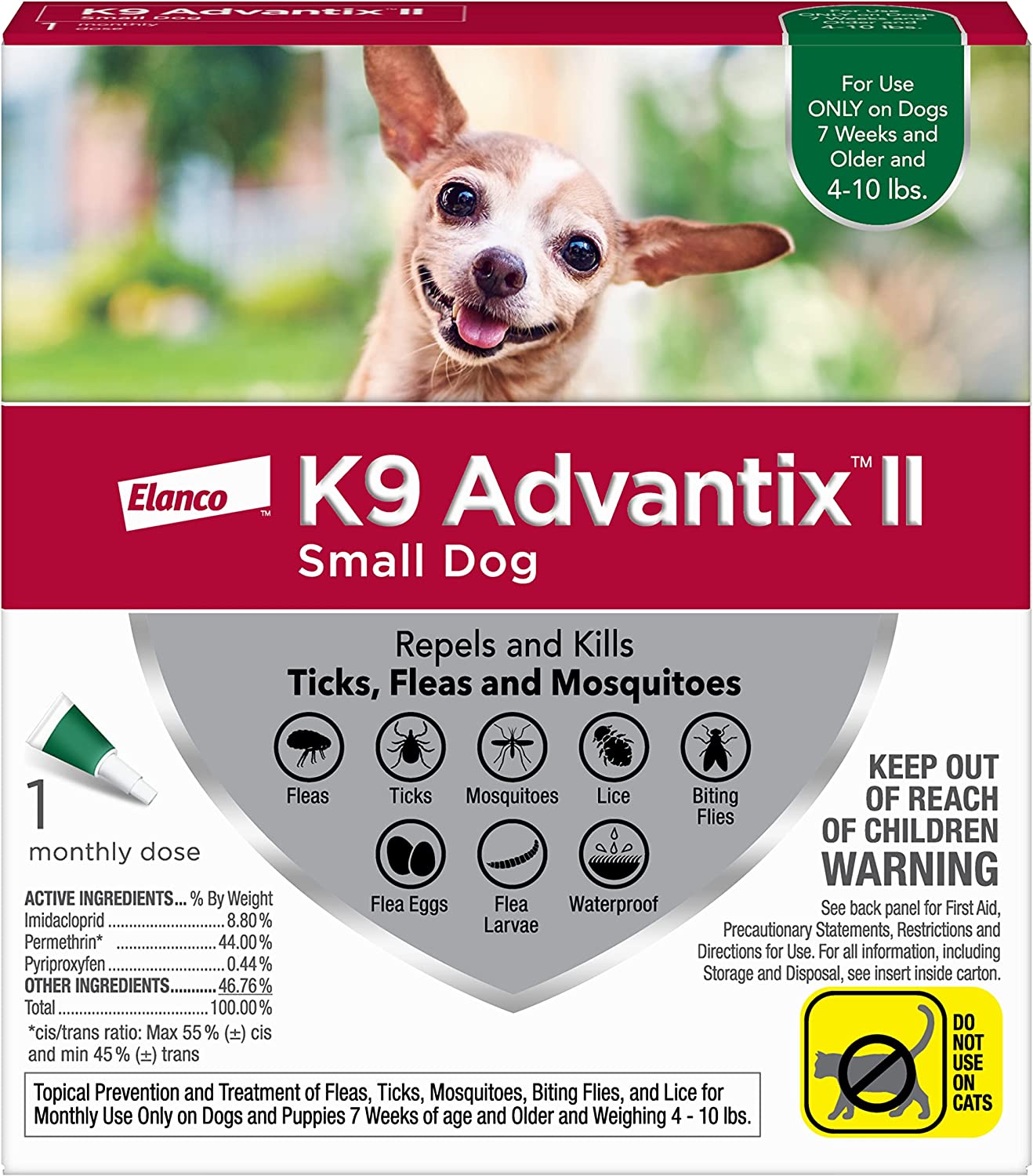 Bayer K9 Advantix II for Small Dog Only, Repels & Kills Ticks & Fleas, 7 weeks & older 4-10 lbs, 1 monthly dose