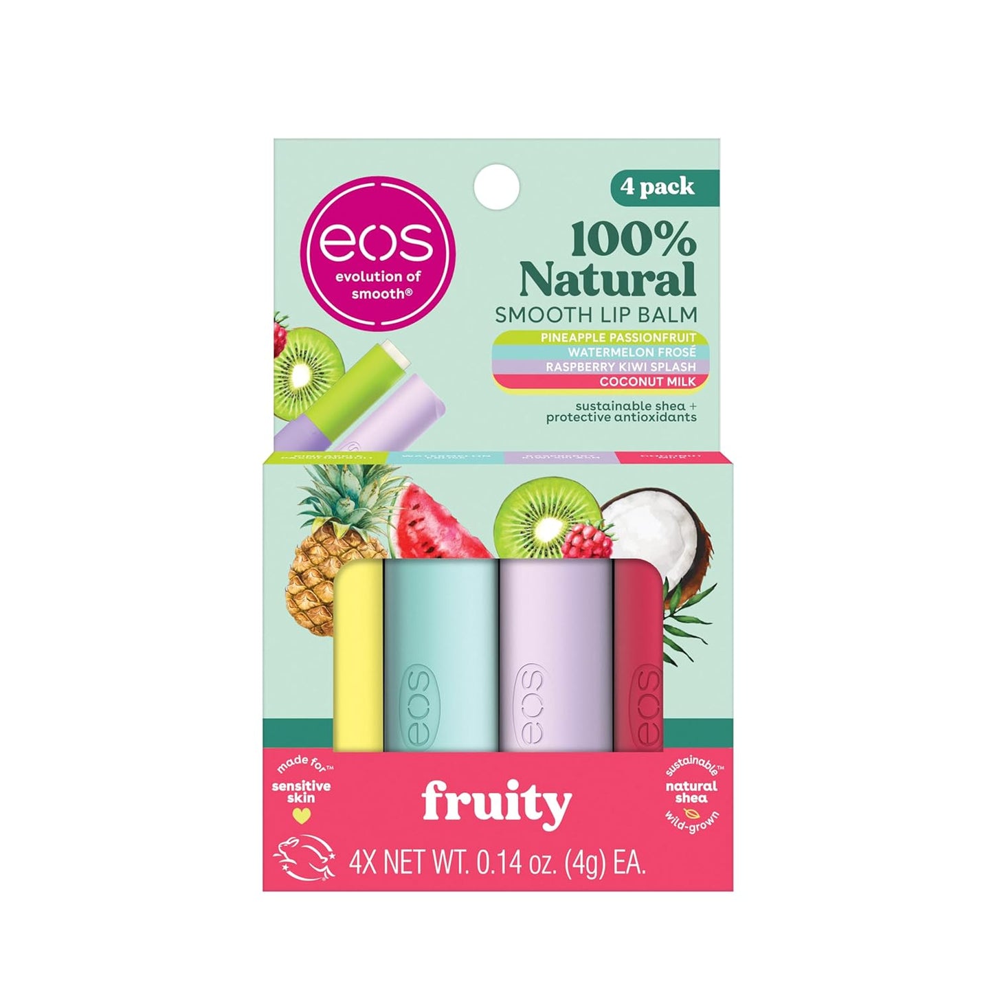 EOS 100% Natural Smooth Fruity Lip Balm 4-Pack, Pineapple Passionfruit, Watermelon Frose, Raspberry Kiwi Splash, Coconut Milk, 4g / 0.14 oz.