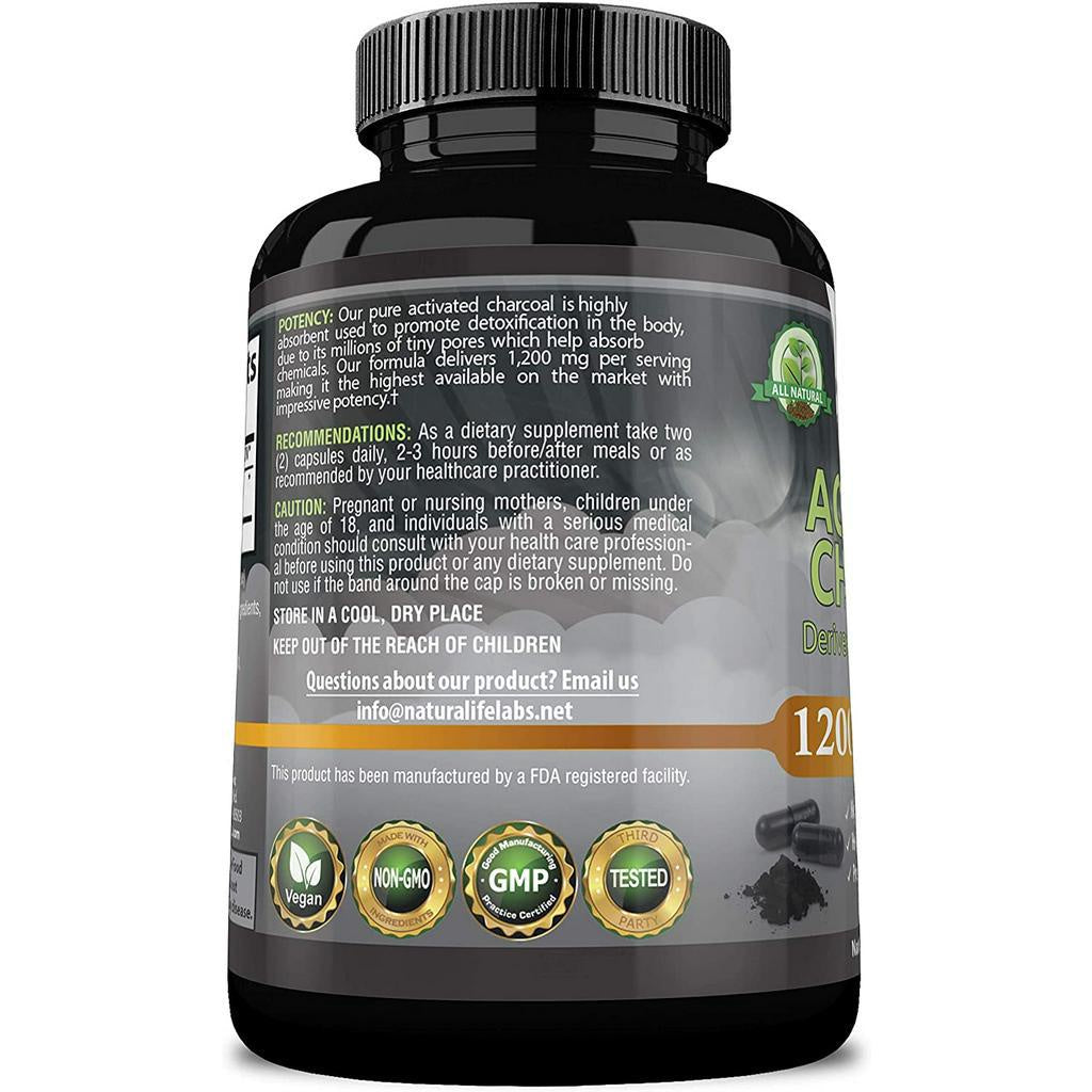 NaturaLife Labs Activated Charcoal Capsules, 1,200 mg, Derived From Coconut Shell, 100 Capsules