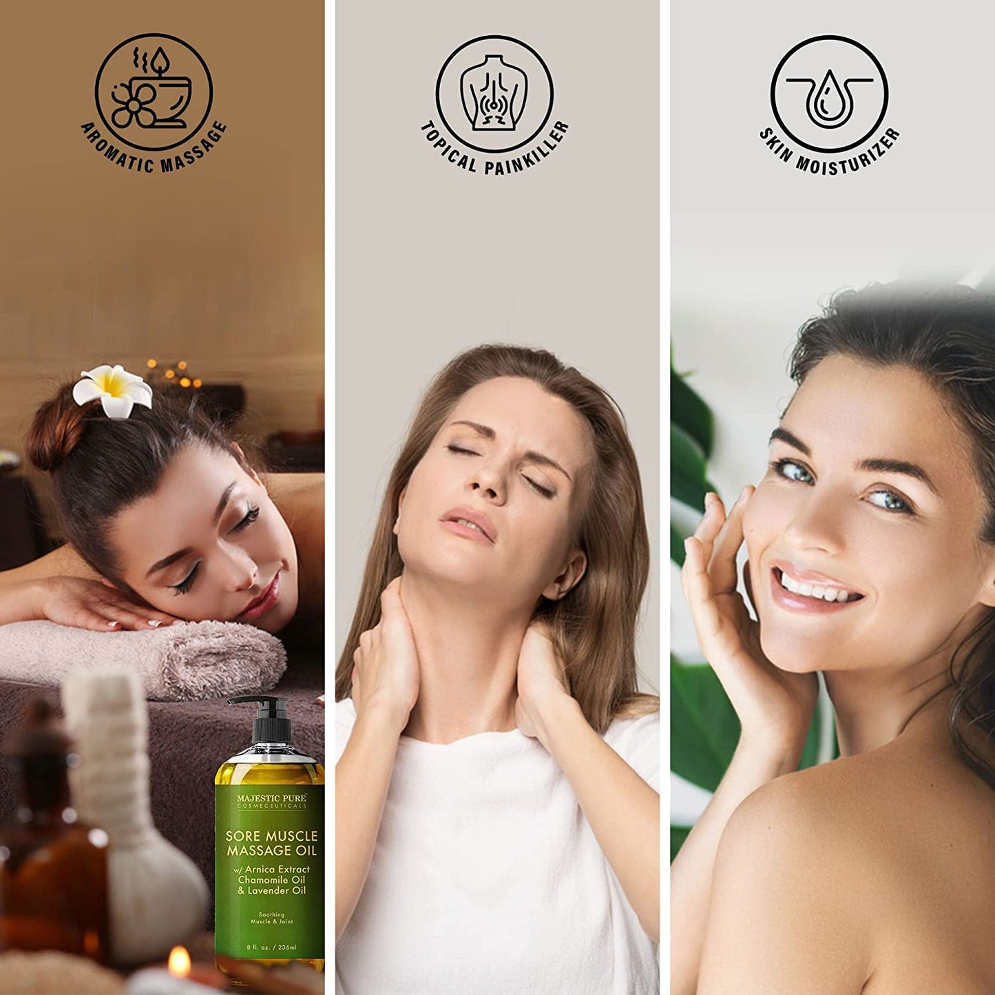 Majestic Pure Sore Muscle Massage Oil with Arnica Extract Chamomile and Lavender Extract (236 ml)