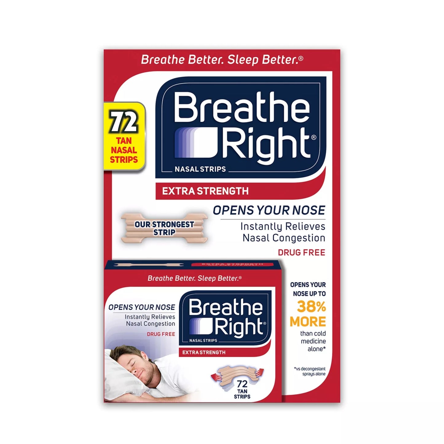 Breathe Right Nasal Strips Extra Strength For Nasal Congestion Drug-Free (72 Tan Strips)