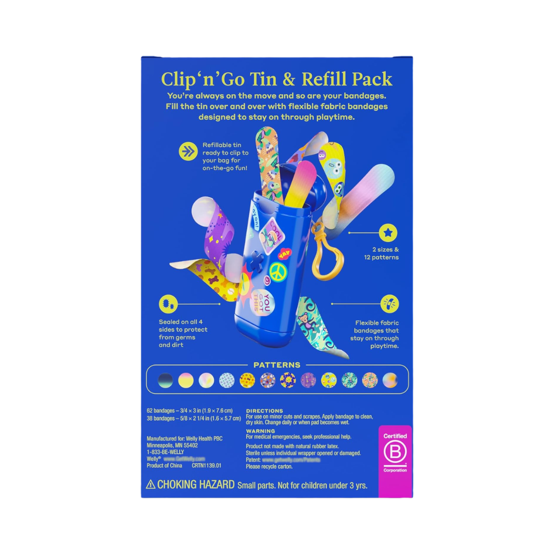 Welly Flex Fabric Bandages, 1 Clip 'n' Go Tin + 100 Count Assorted Refill Pack