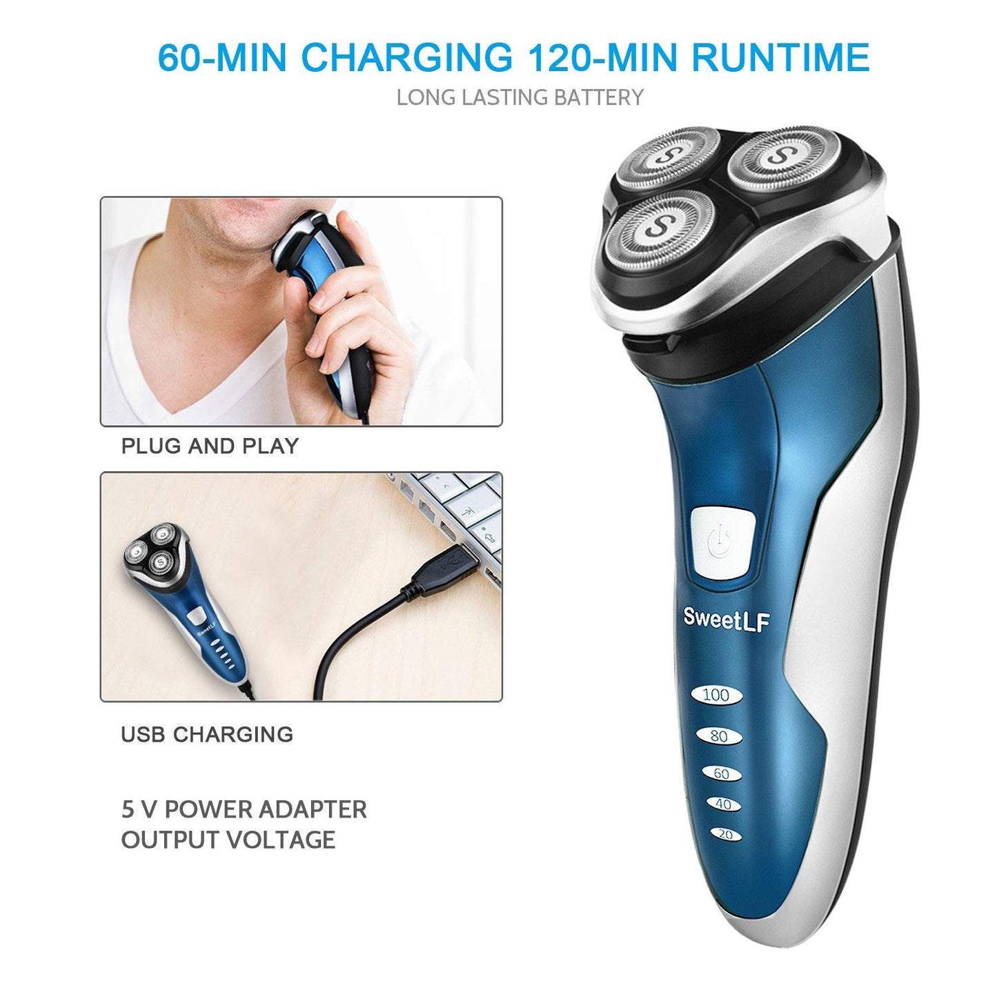SweetLF 3D Rechargeable 100% Waterproof IPX7 Electric Shaver Wet & Dry Rotary Shavers for Men Electric Shaving Razors with Pop-up Trimmer, Blue (SW-S7105)