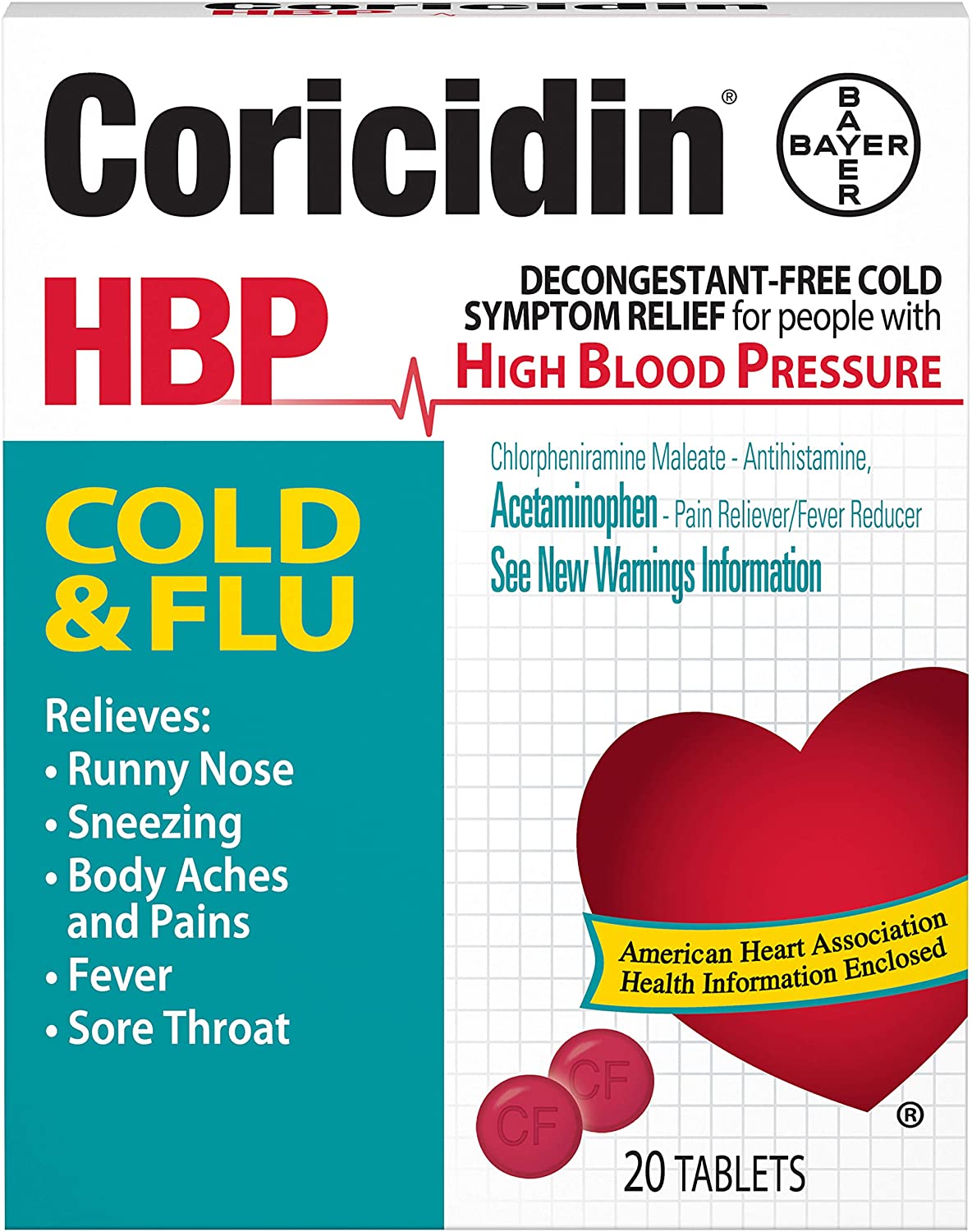 Coricidin HBP Cold & Flu Medicine for Hypertensives, 20 Tablets