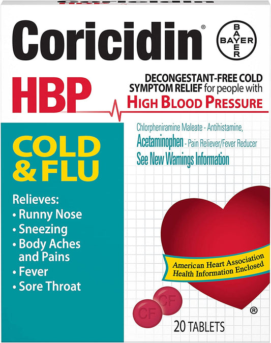 Coricidin HBP Cold & Flu Medicine for Hypertensives, 20 Tablets