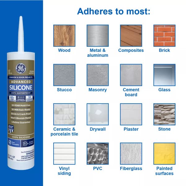 GE Sealants Advanced Silicone 2 for Window & Door Projects 100% Waterproof, 10.1 fl.oz / 299ml