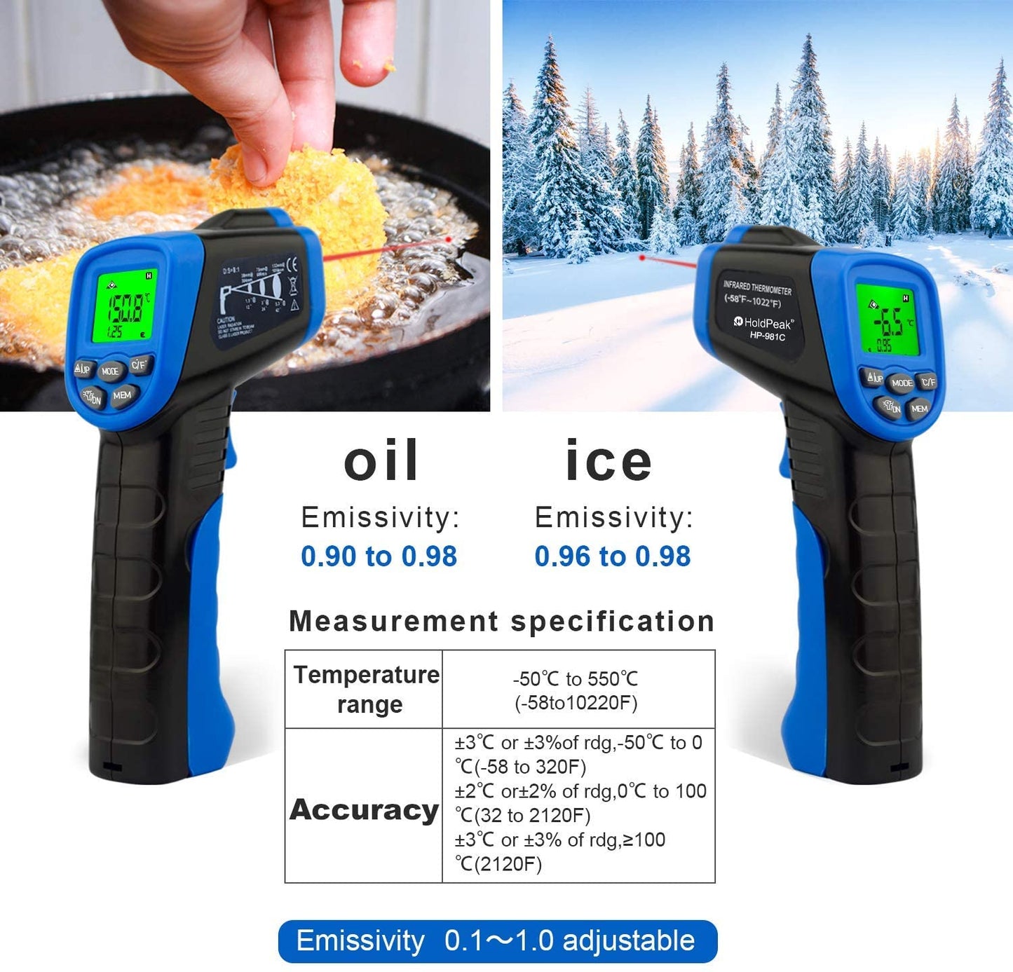 HOLDPEAK HP-981C Non Contact Digital Laser Infrared Thermometer Temperature Gun (-50 to 550℃) with 9V Battery