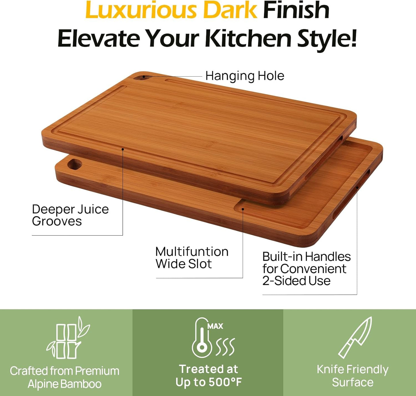 KeeCHEE Bamboo Cutting Board For Kitchen With Deep Juice Grooves & Built-In Handles, 3 Count ( Brown )