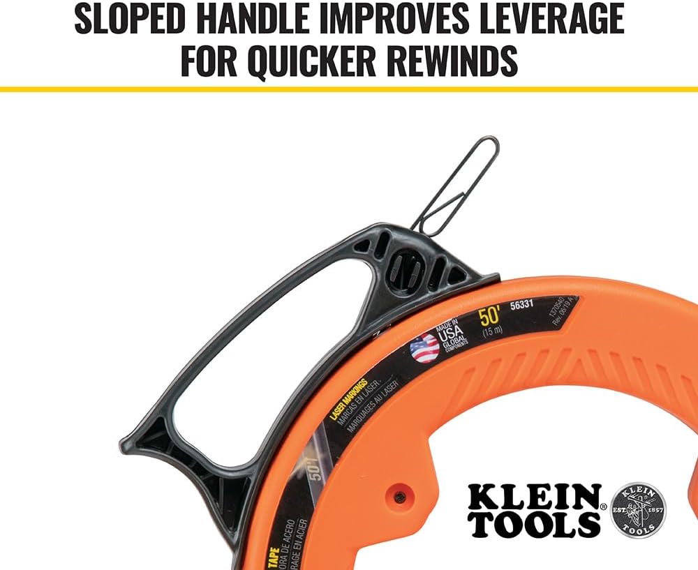 Klein Tools 50 Foot Electrical Fish Tape Steel Wire Puller with Double Loop Tip Optimized with Housing and Handle (56331)