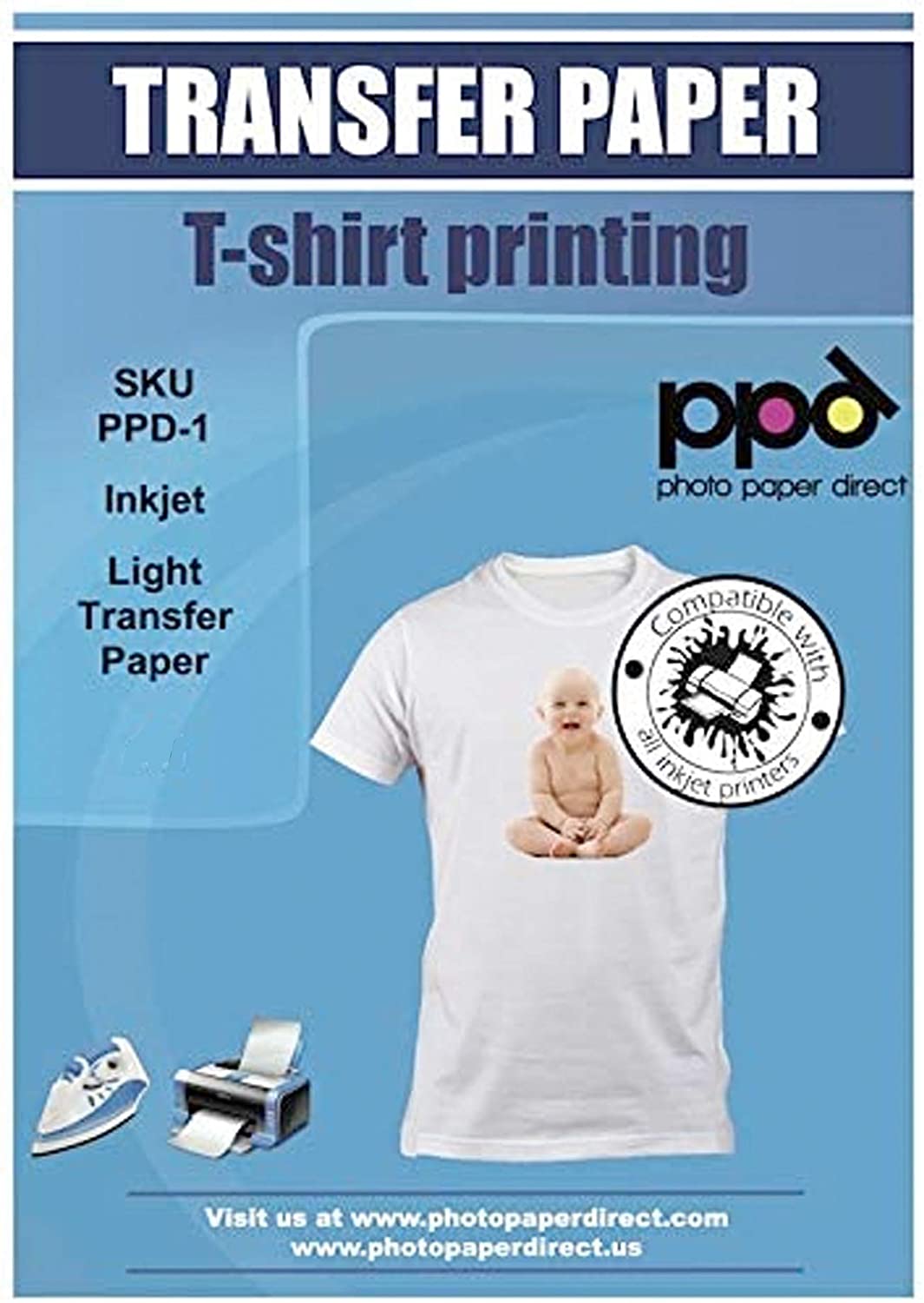 PPD Inkjet PREMIUM Iron-On White T-Shirt Transfers Paper, LTR 8.5x11” Pack of 10 Sheets