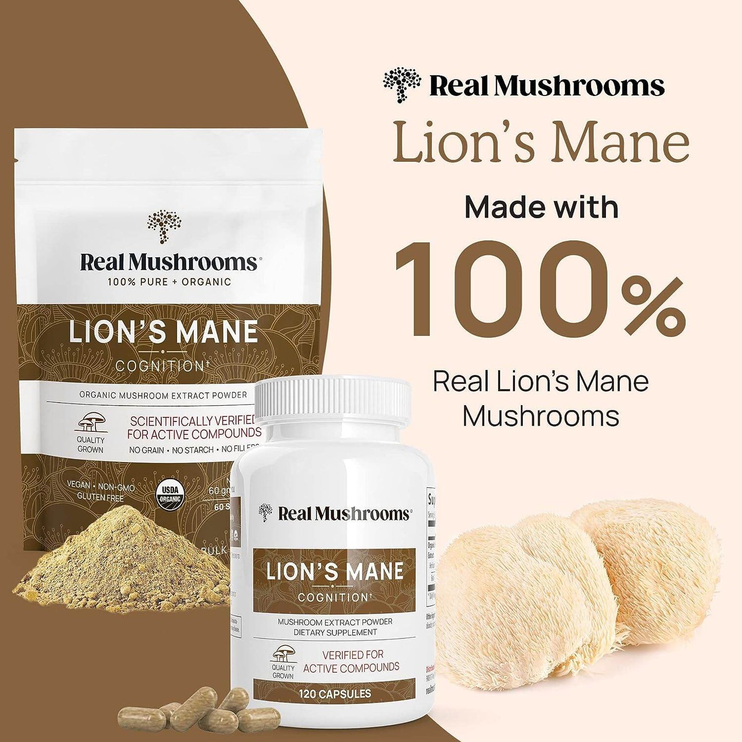 Real Mushroom Lion's Mane Cognition Mushroom Extract Powder (120 Capsules)