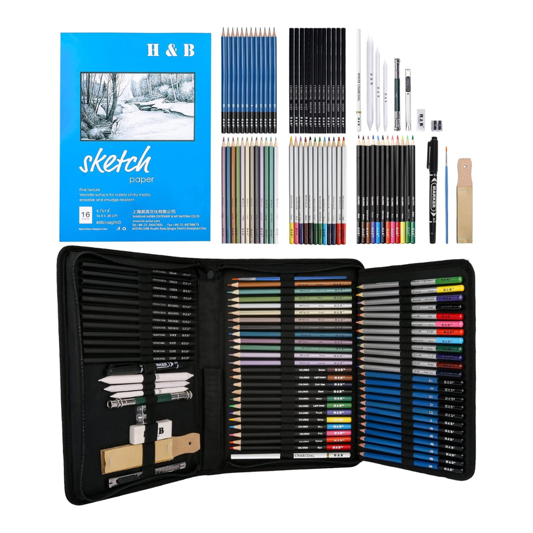 H & B Drawing Supplies Sketching Set,Art Kit include Drawing & Colored Pencils for Adults Artists Kids.Pro Art Sketch Supplies with Sketchpad,Watercolor & Metallic Pencils, 72 Pcs.