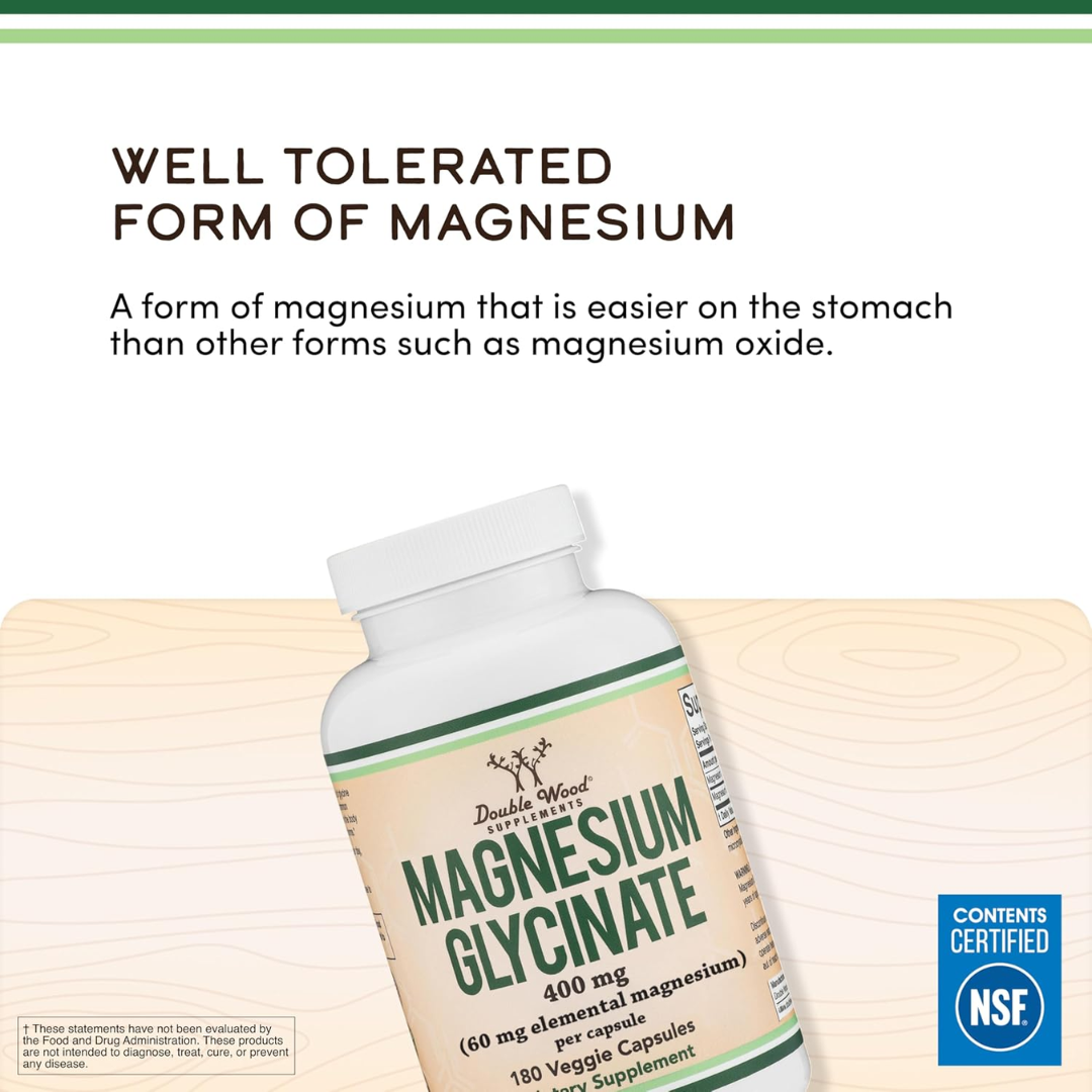 Double Wood Supplements Magnesium Glycinate 400 mg, 180 Capsules