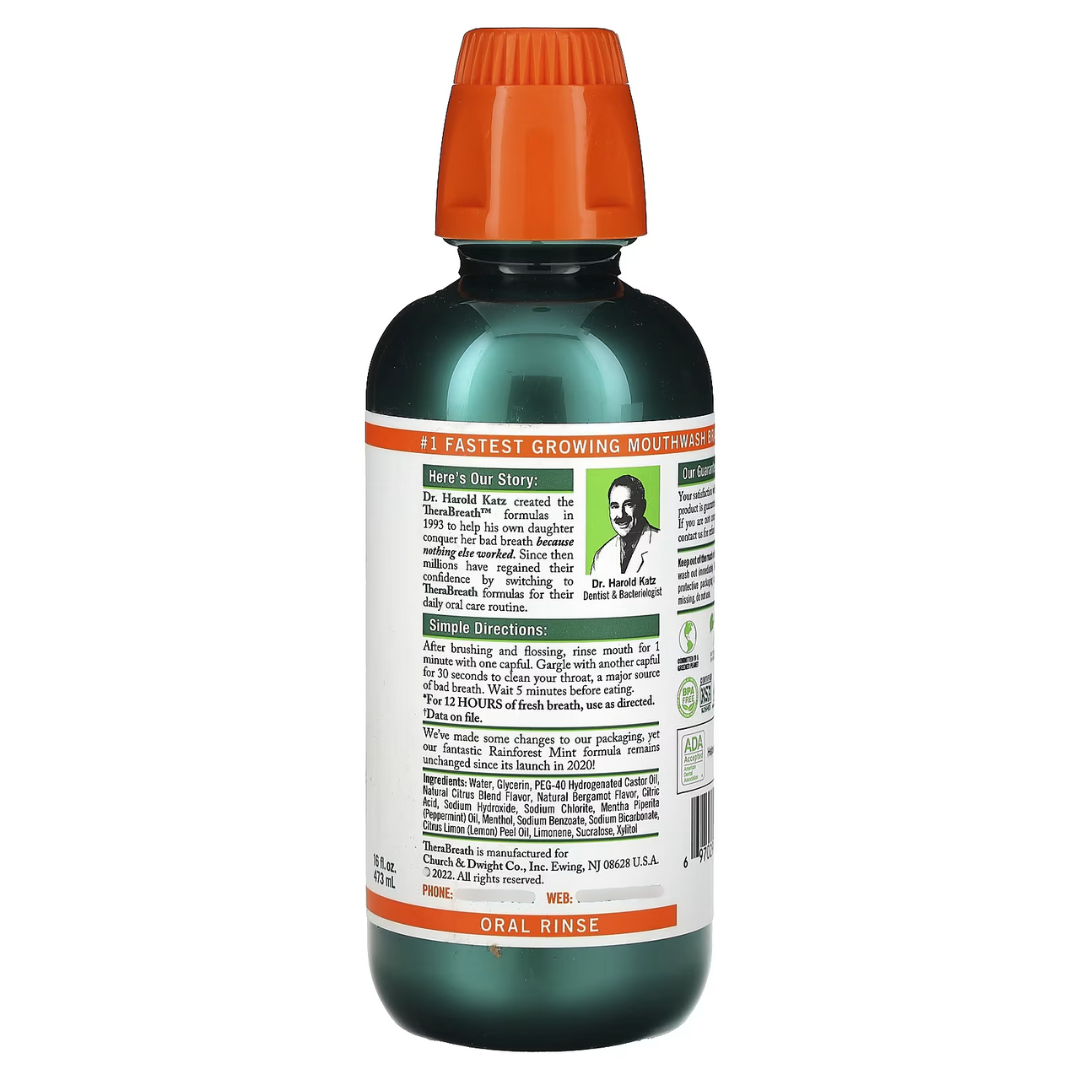TheraBreath Dentist Formulated Fresh Breath Oral Rinse 12 Hours Non Burning, Rainforest Mint 16 fl oz