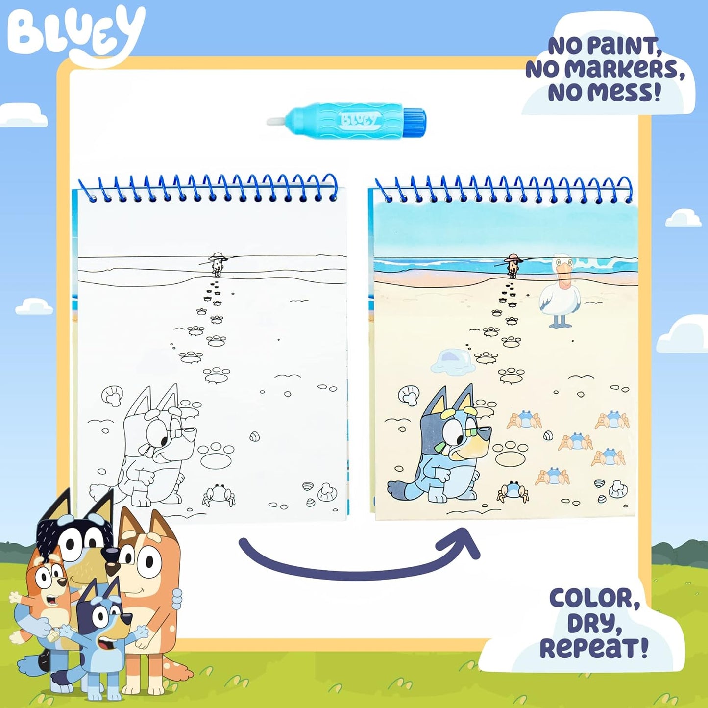 Bluey Aqua Art - No Mess Reusable Water Reveal Activity 4 Pages with Water Pen, Set of 2