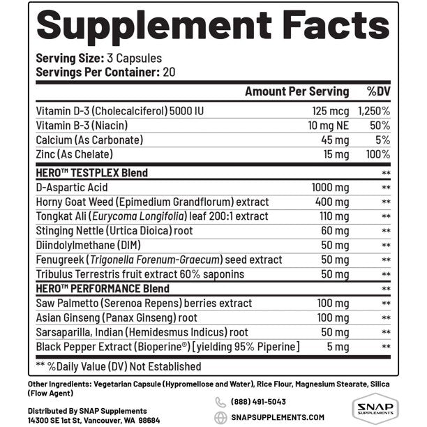 SNAP Supplements Testo Booster Acid + 14 Plants & Vitamins, 60 Capsules