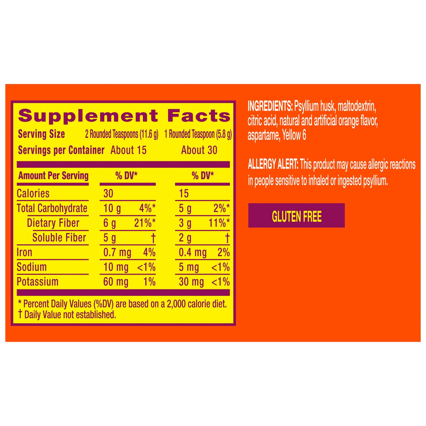 Metamucil Psyllium Sugar-Free Fiber Supplement Powder, Orange, 30 tsp (6.1 oz)