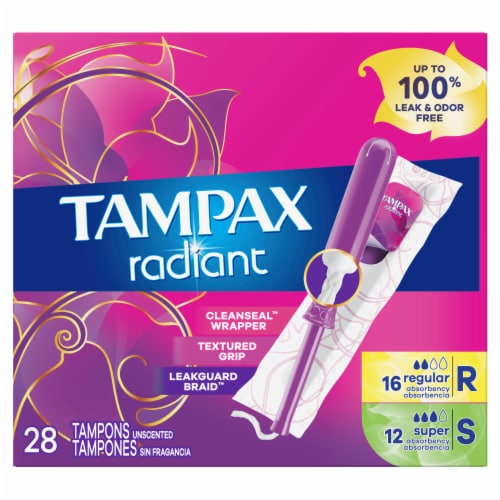 Tampax Radiant Regular & Super Absorbency Unscented Tampons, 28 Counts