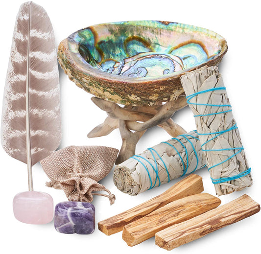 Blue River Sage Home Cleansing & Smudging Kit with White Sage, Palo Santo, Abalone & Stand, Smudge Feather & Guide