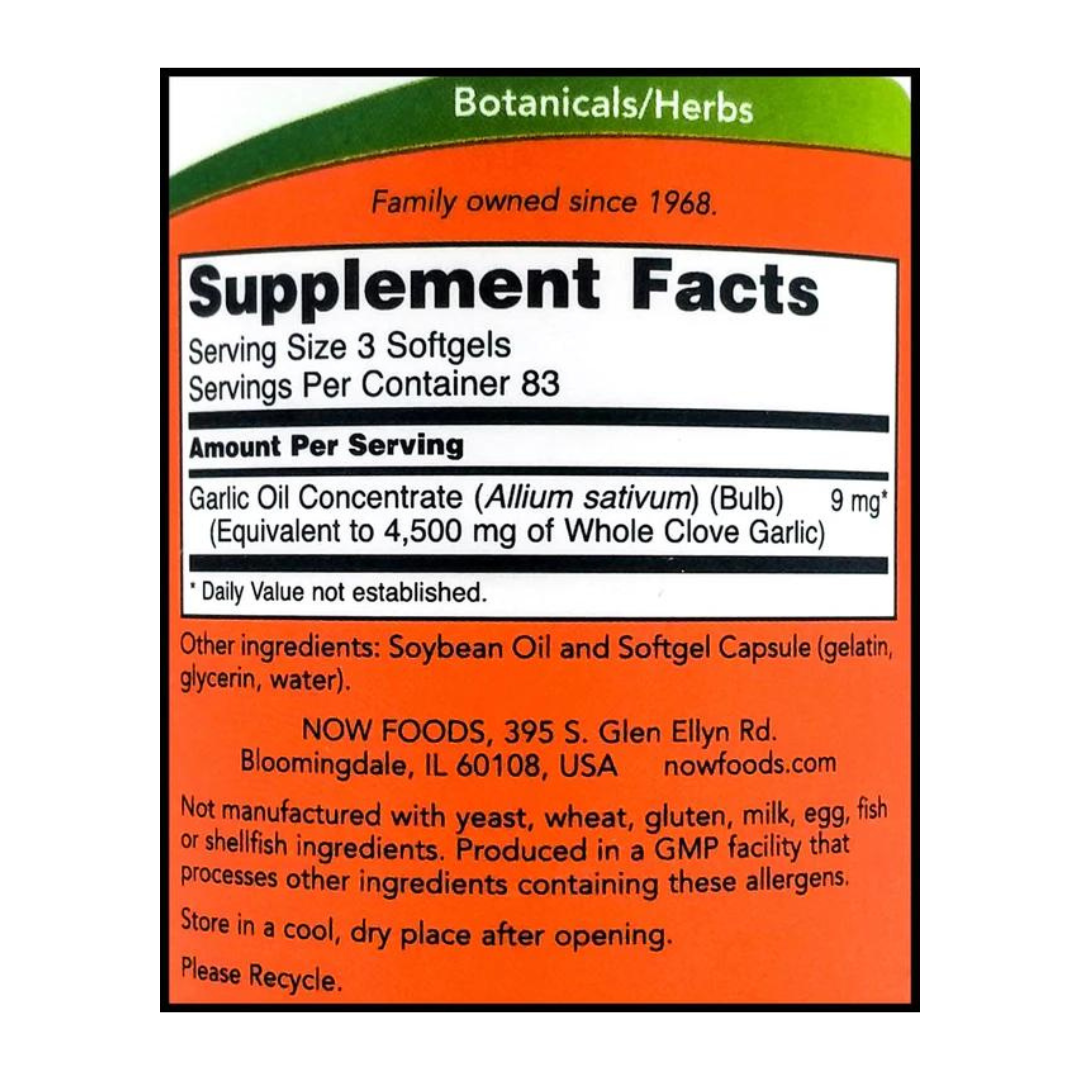 Now Garlic Oil 1500mg Herbal Supplement, 250 Softgels