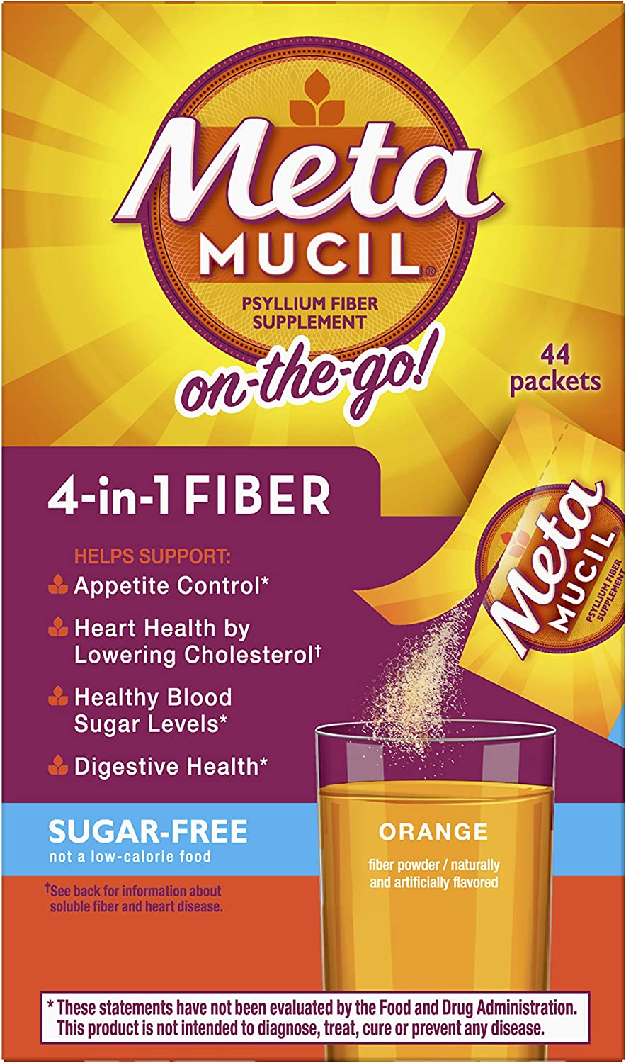 Metamucil Psyllium 4 in 1 Fiber Powder, Orange Flavor (44 Packets)