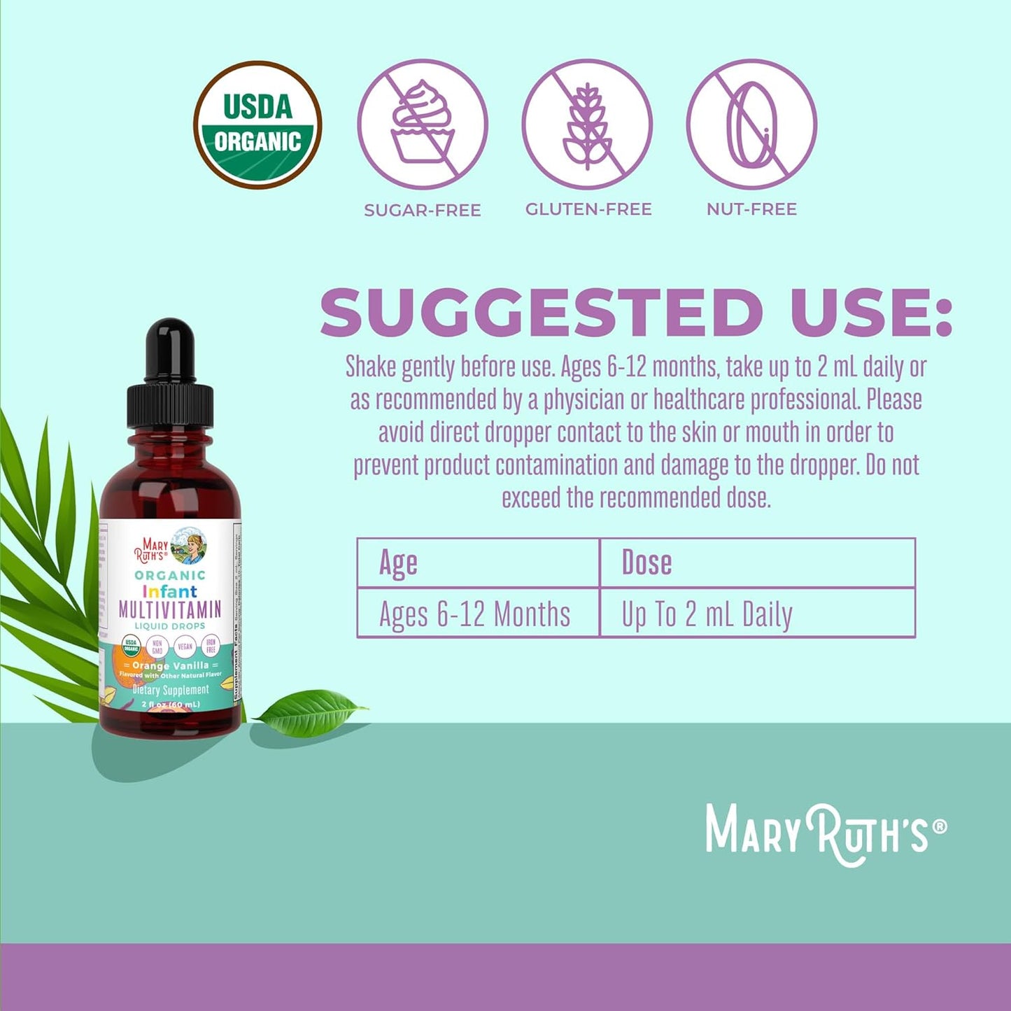 Mary Ruth's Organic Iron Free Infant Multivitamin for Overall Health Orange Vanilla, 60 ml / 2 fl oz