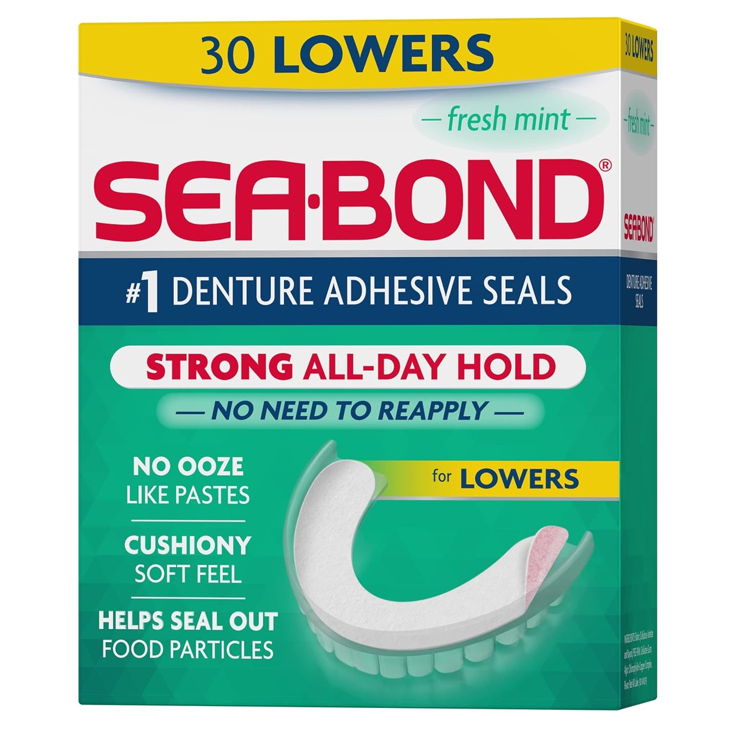 Sea Bond Denture Adhesive Seals for Lowers All-Day Strong Hold, 30 Lowers