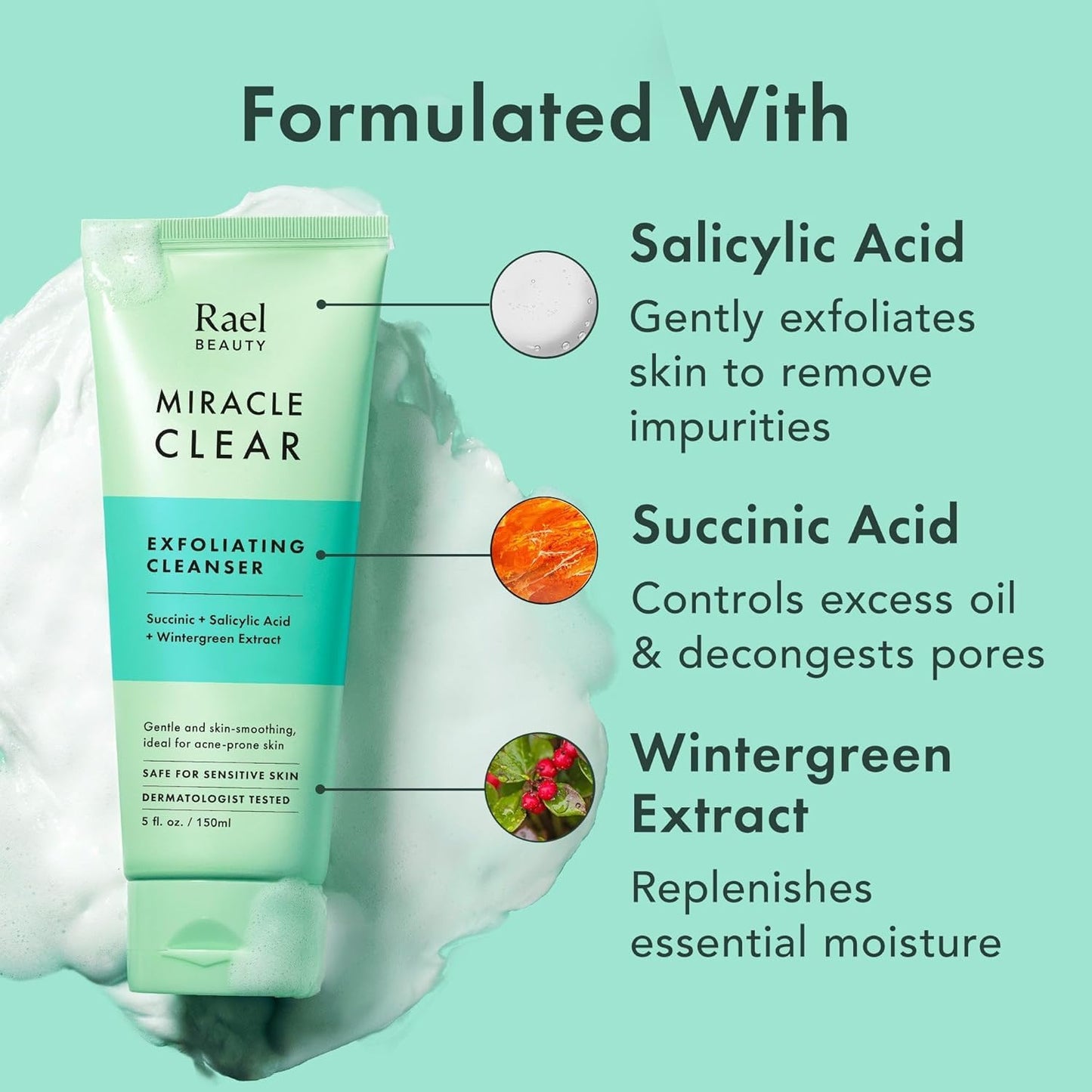 Rael Beauty Miracle Clear Face Exfoliating Cleanser With Succinic , Salicylic And Wintergreen Extract, 150 ml / 5 fl. oz