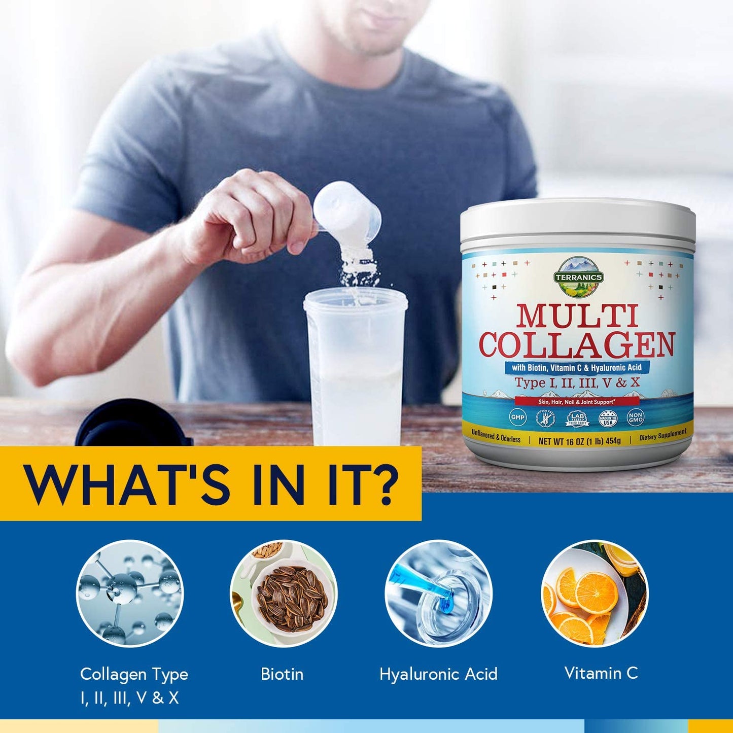 Terranics Multi Collagen with Biotin Vitamin C & Hyaluronic Acid Type I II III V & X Dietary Supplement 16 Oz