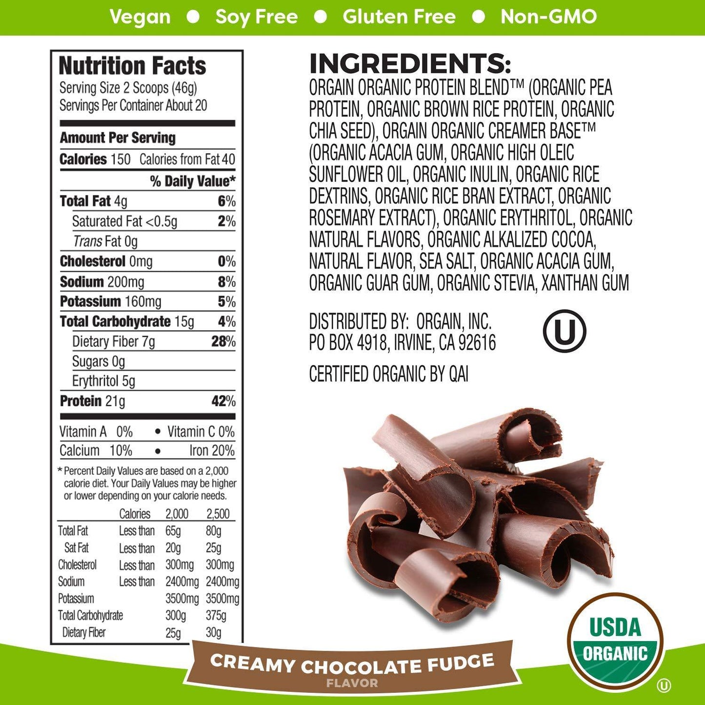 Orgain Organic Protein Plant Based Protein Powder, Creamy Chocolate Fudge (2.03 LBS / 920g)