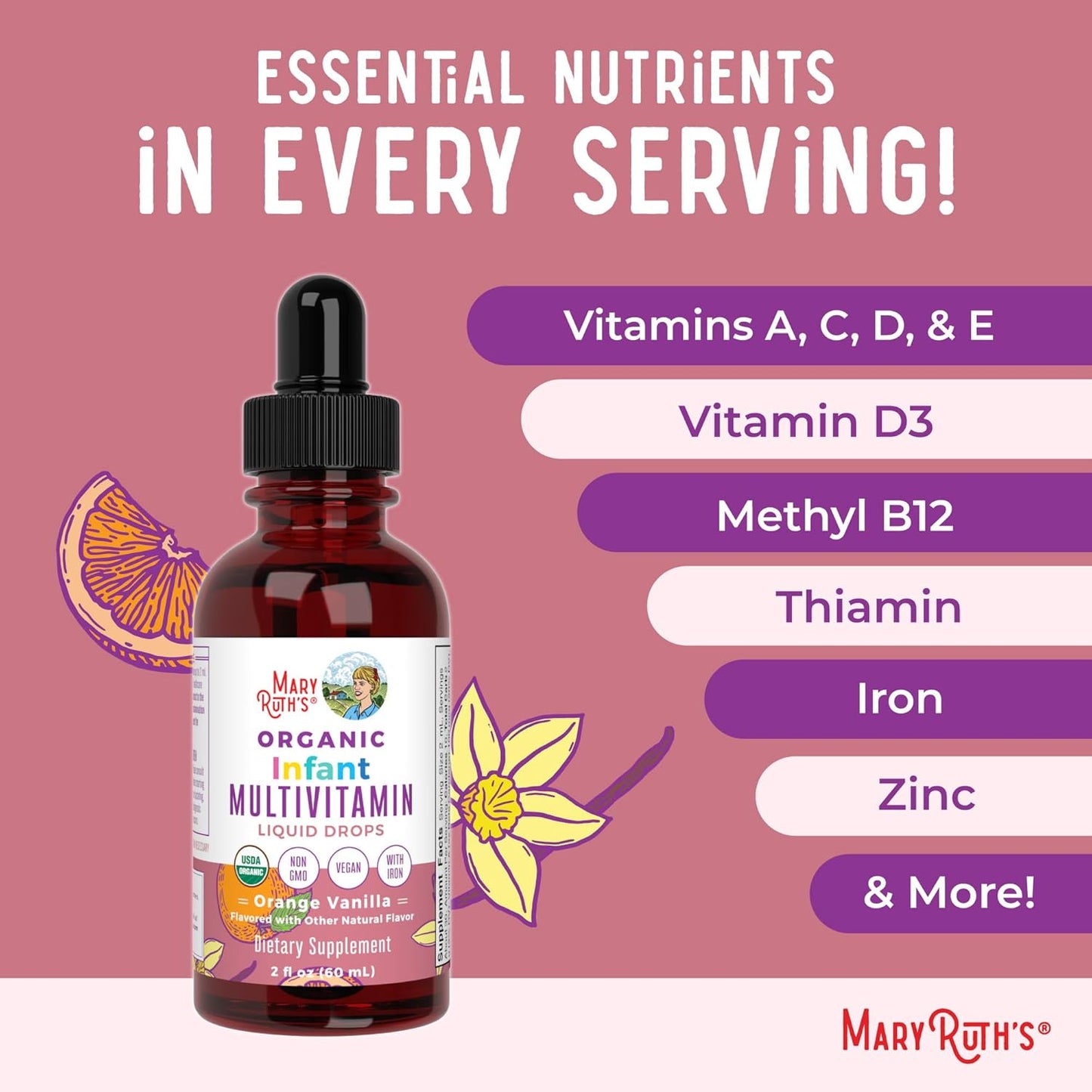 Mary Ruth's Organic with Iron Infant Multivitamin for Immune Support Orange Vanilla, 60 ml / 2 fl oz