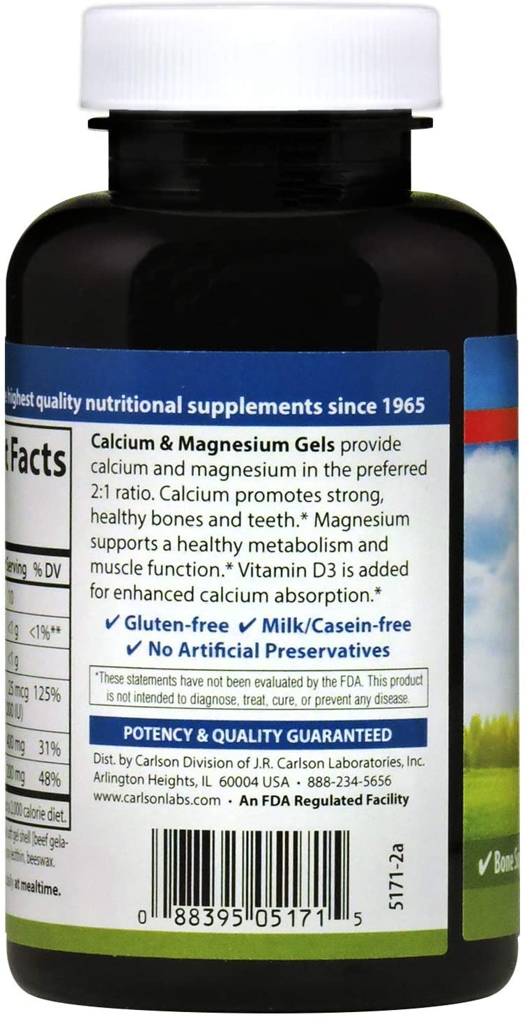 Carlson Calcium & Magnesium with Vitamin D3 Cal-Mag 400mg:200mg, 100 Softgels