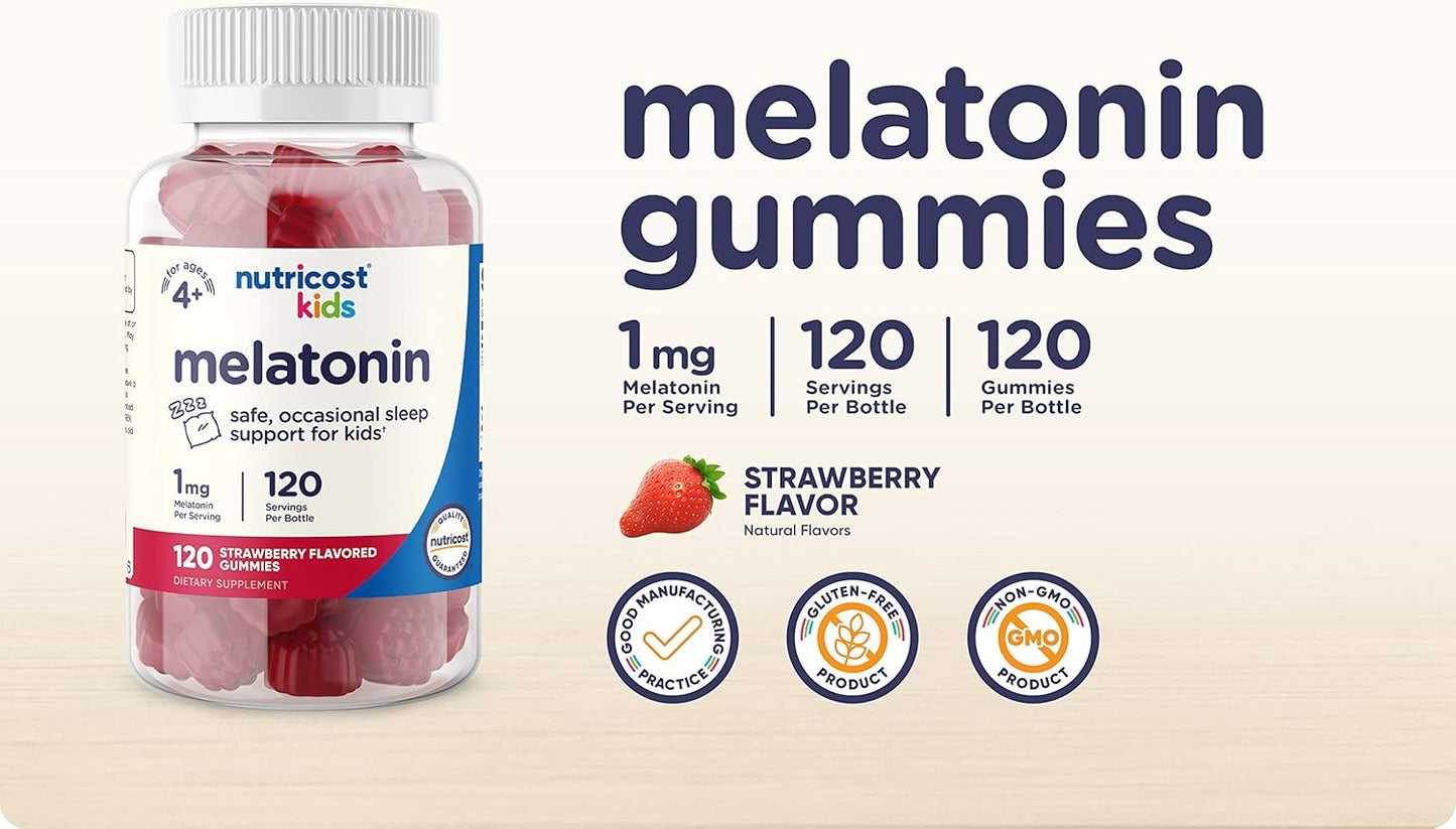 Nutricost Kids Melatonin 1mg Supplement 120 Strawberry Flavored Gummies