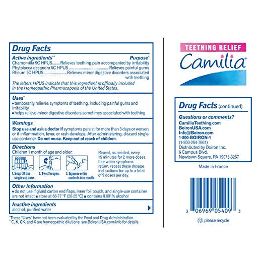 Boiron Camilia, 30 Doses, Homeopathic Medicine for Teething Relief 0.034 fl.oz each