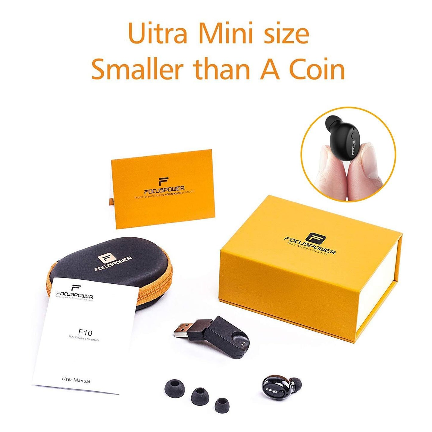 FOCUSPOWER F10 Mini Bluetooth Earbud Smallest Wireless Invisible Headphone with 6 Hour Playtime Car Headset with Mic (One Pcs)