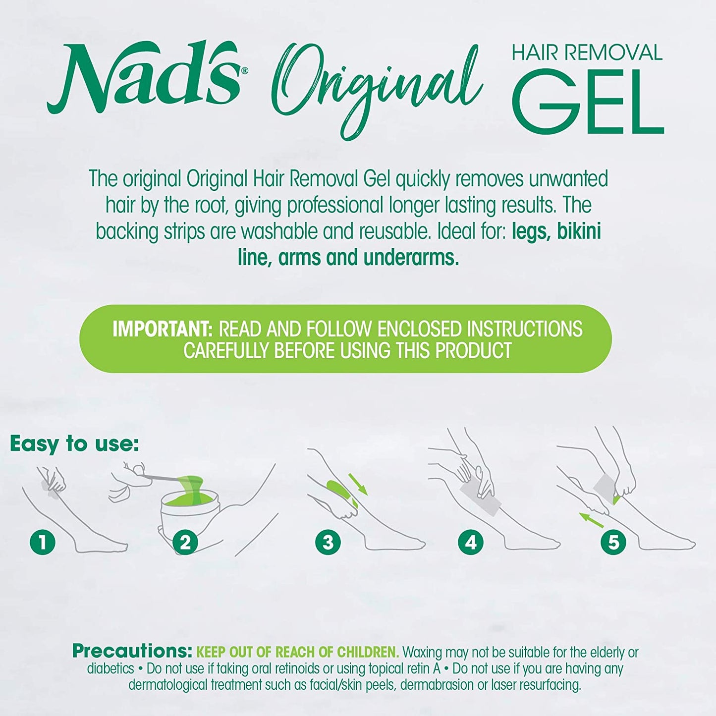 Nad's Original Hair Removal Gel Kit, No Heat, Gentle Formula For Women Body+Face Wax