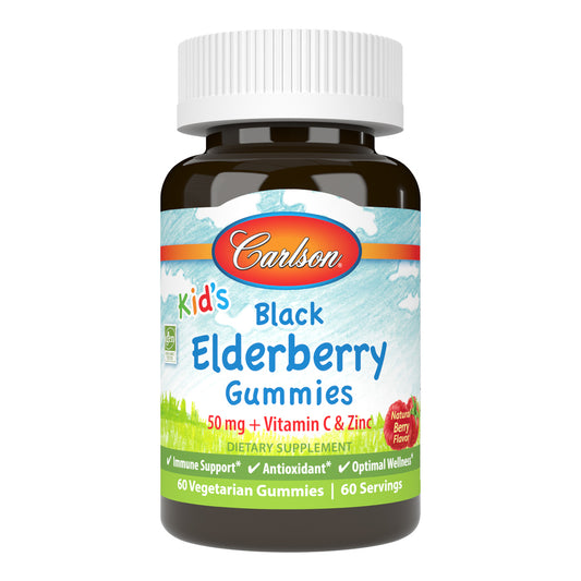 Carlson Kid's Black Elderberry Gummies 50mg + Vitamin C & Zinc Natural Berry Flavor, 60 Vegetarian Gummies Immune Support & Antioxidant